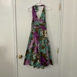 Adrianna Papell Purple Turquoise Silk Beaded Halter Dress Size 6